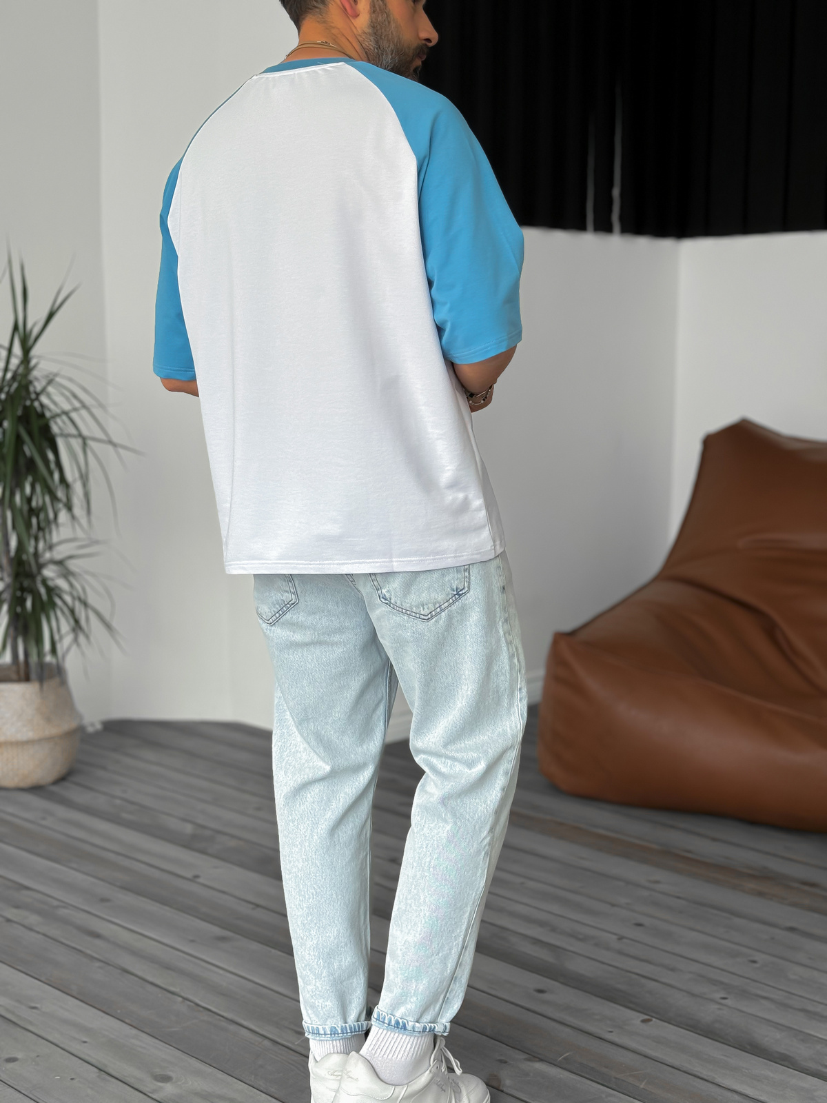 Beyaz Mavi Parçalı Basic Oversize T-Shirt DF-2001/2010