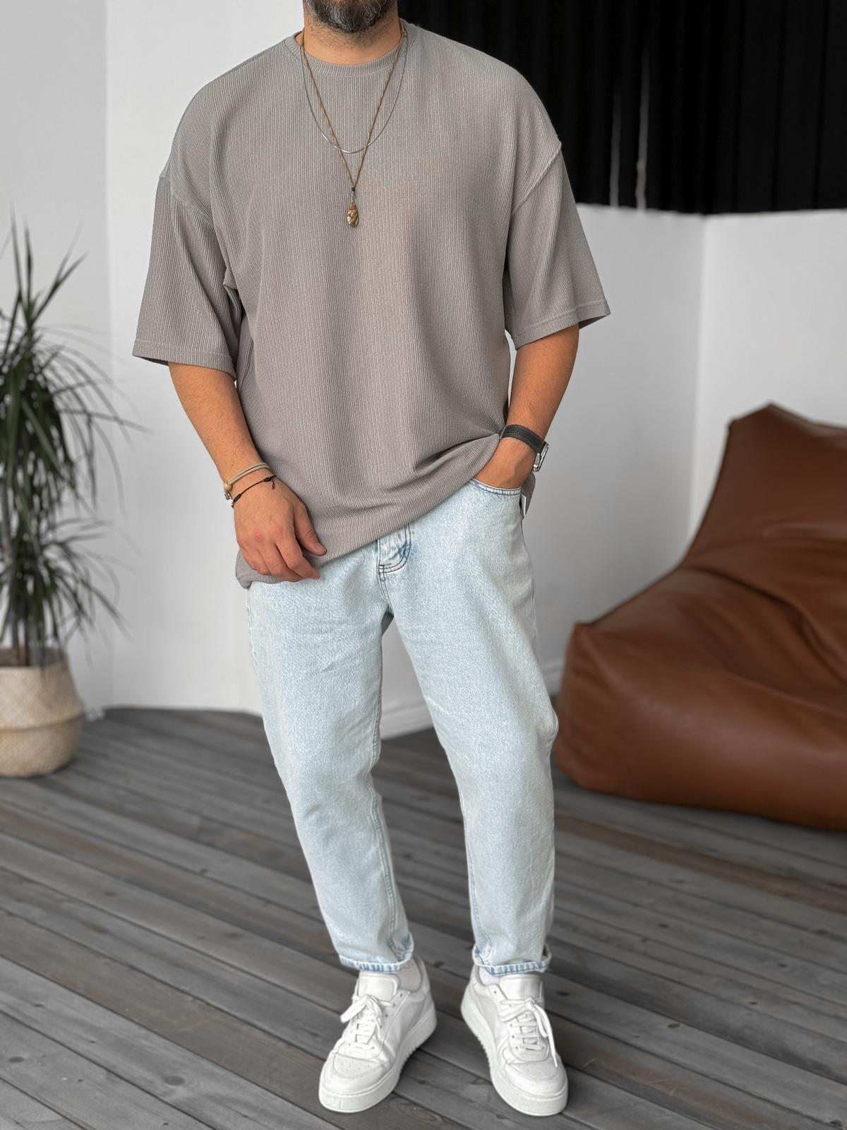 Ice Gri İnce Çizgili Basic T-Shirt B-1136