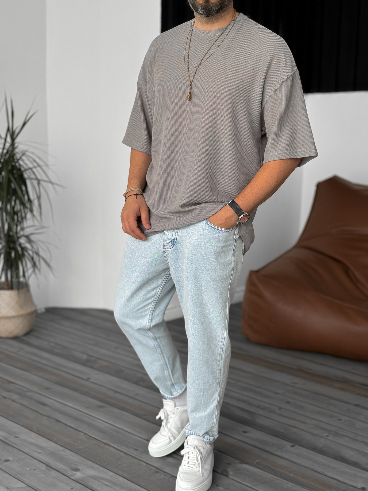 Ice Gri İnce Çizgili Basic T-Shirt B-1136