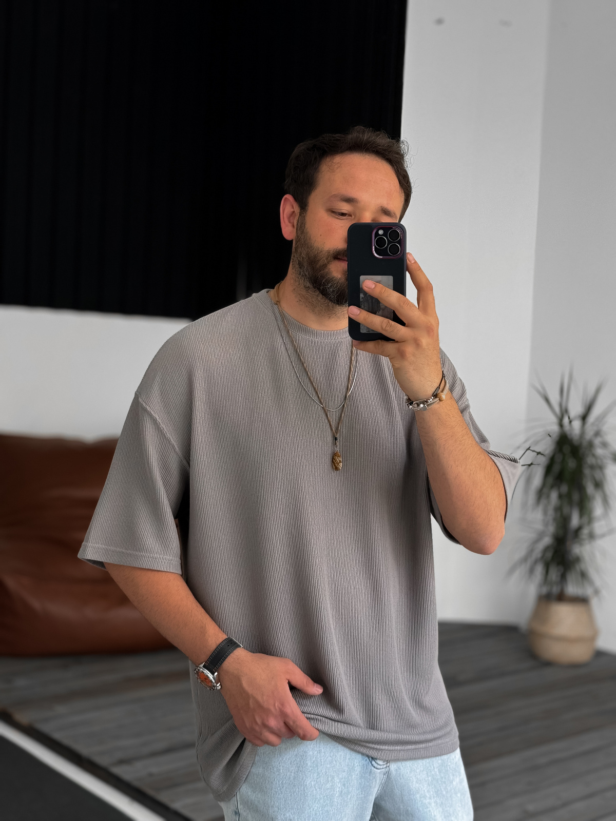 Ice Gri İnce Çizgili Basic T-Shirt B-1136