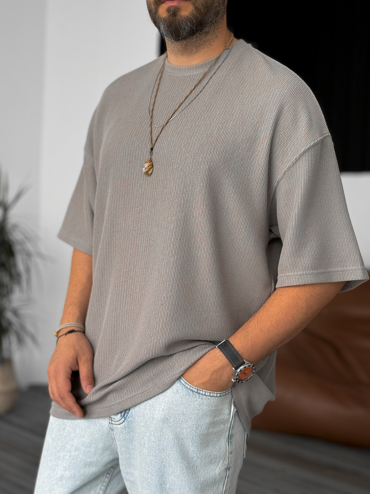 Ice Gri İnce Çizgili Basic T-Shirt B-1136