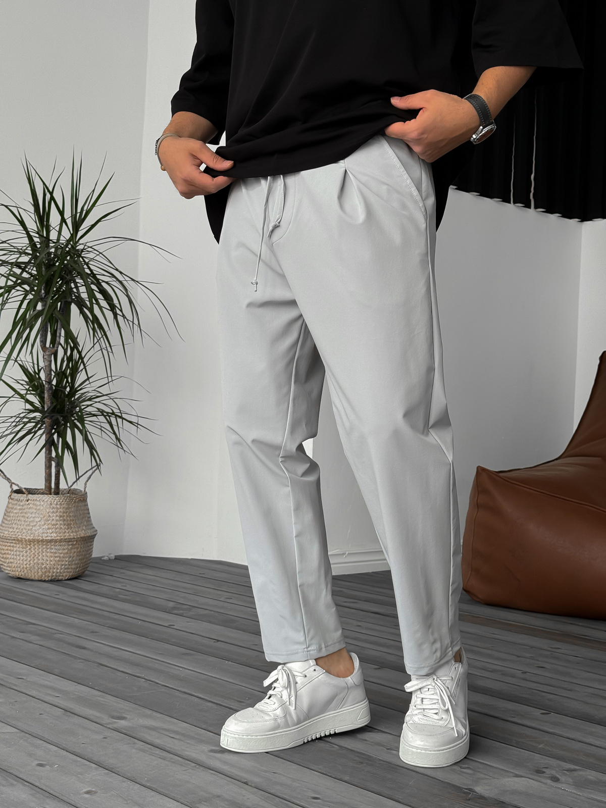 Açık Gri Paraşüt Bol Kalıp Pantolon KE-5044