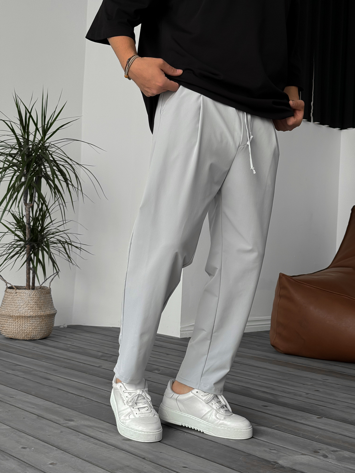 Açık Gri Paraşüt Bol Kalıp Pantolon KE-5044