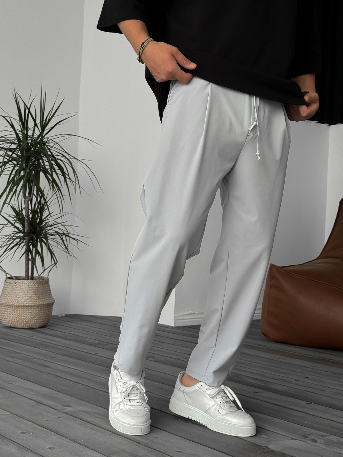 Açık Gri Paraşüt Bol Kalıp Pantolon KE-5044