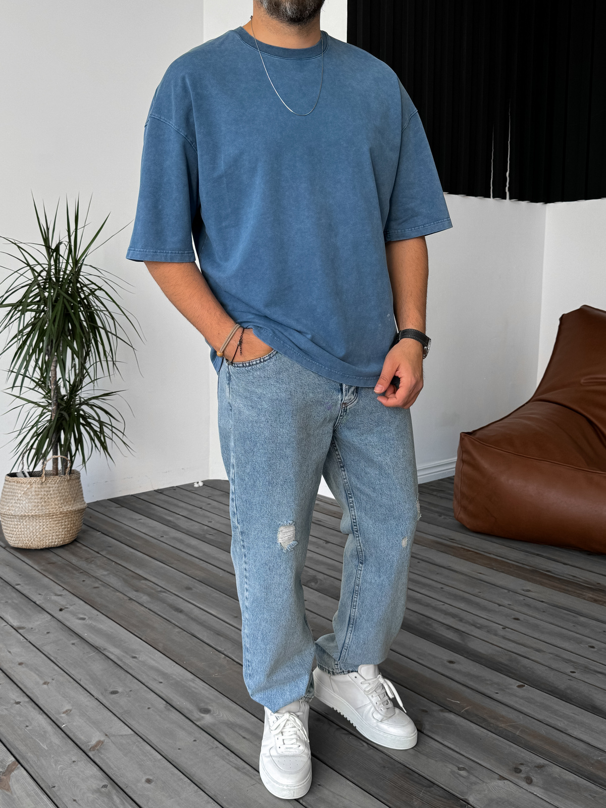 Mavi Yıkamalı Oversize Basic Cotton T-Shirt DF-1219