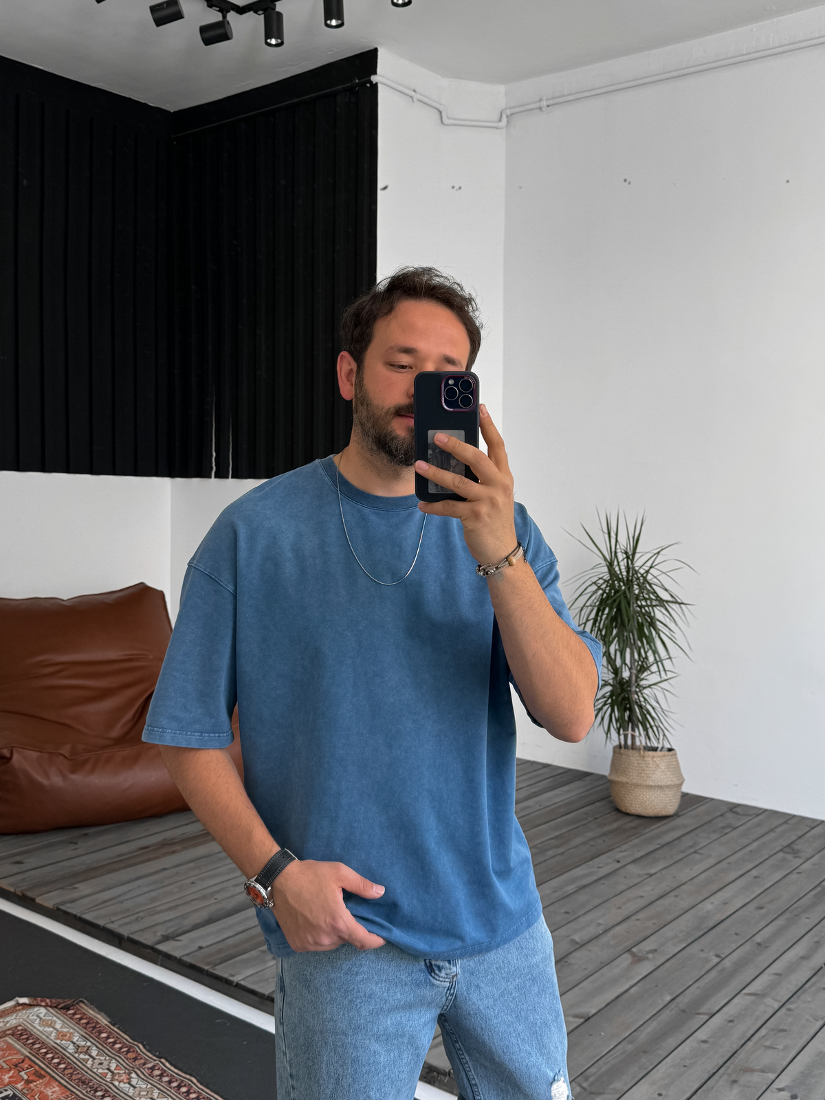 Mavi Yıkamalı Oversize Basic Cotton T-Shirt DF-1219