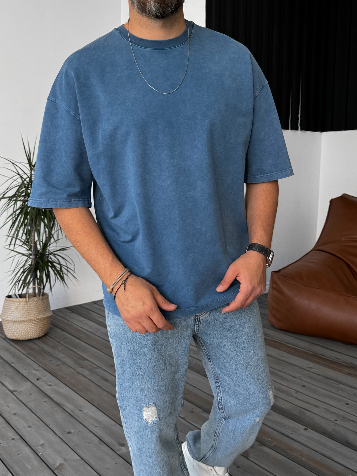 Mavi Yıkamalı Oversize Basic Cotton T-Shirt DF-1219
