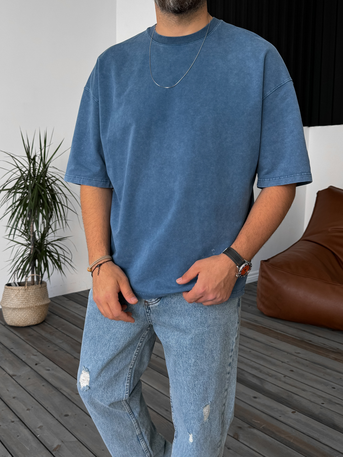 Mavi Yıkamalı Oversize Basic Cotton T-Shirt DF-1219