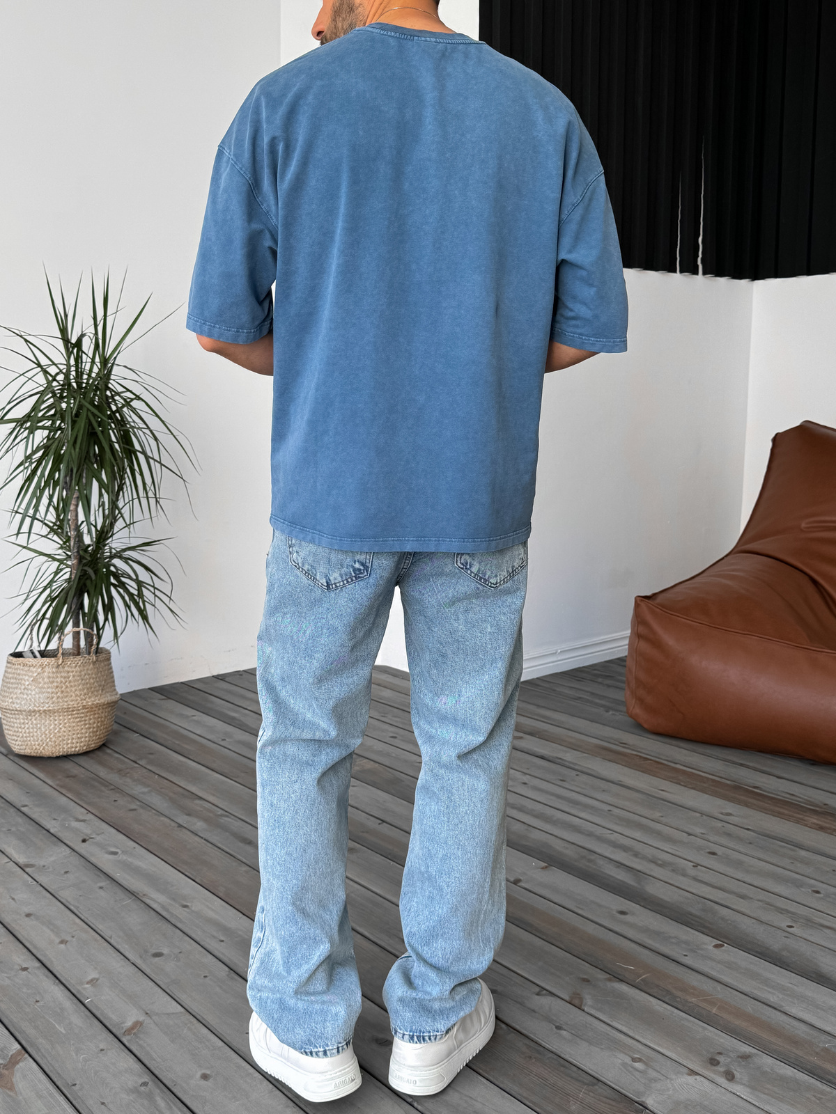 Mavi Yıkamalı Oversize Basic Cotton T-Shirt DF-1219