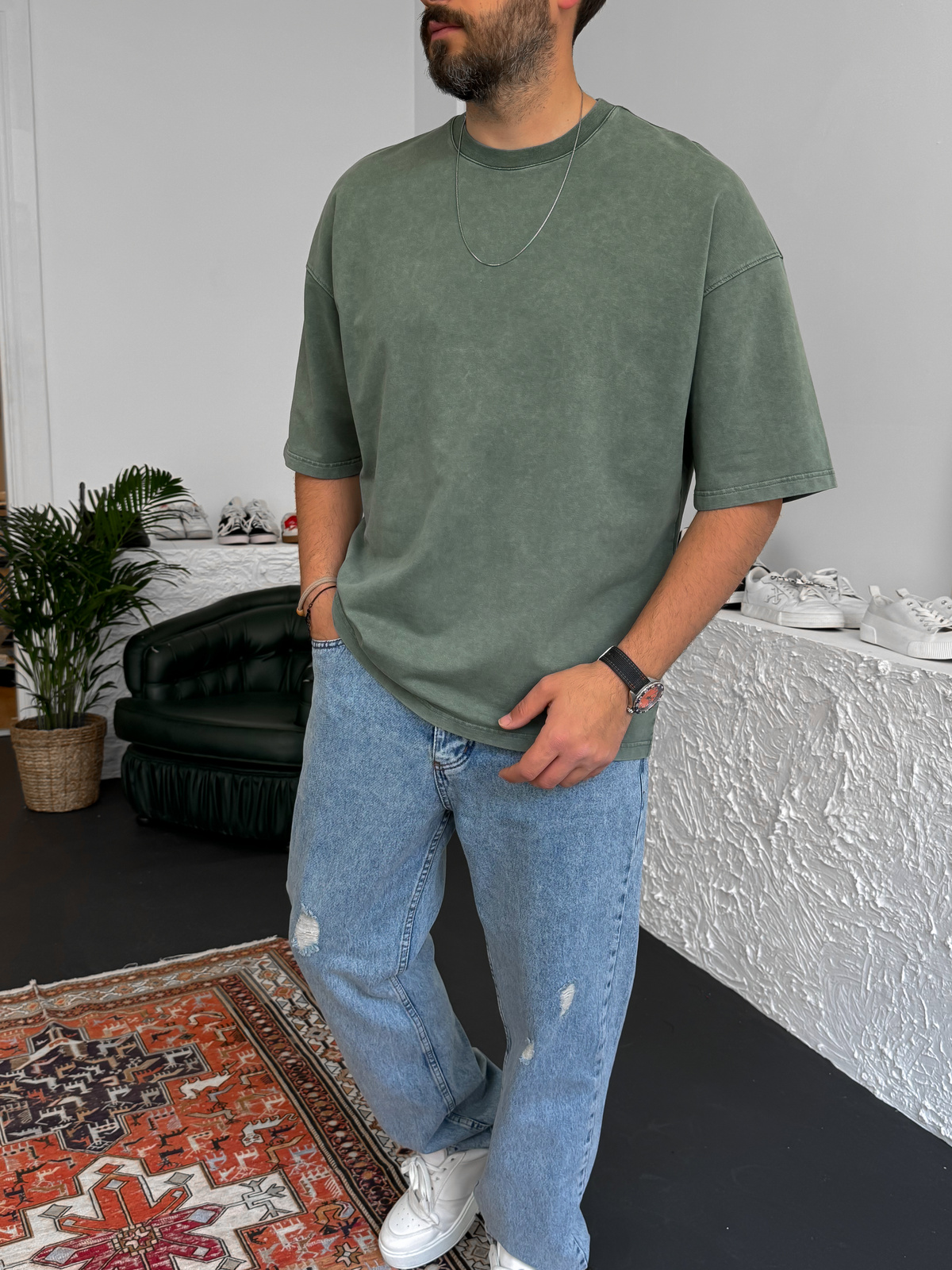 Yeşil Yıkamalı Oversize Basic Cotton T-Shirt DF-1219
