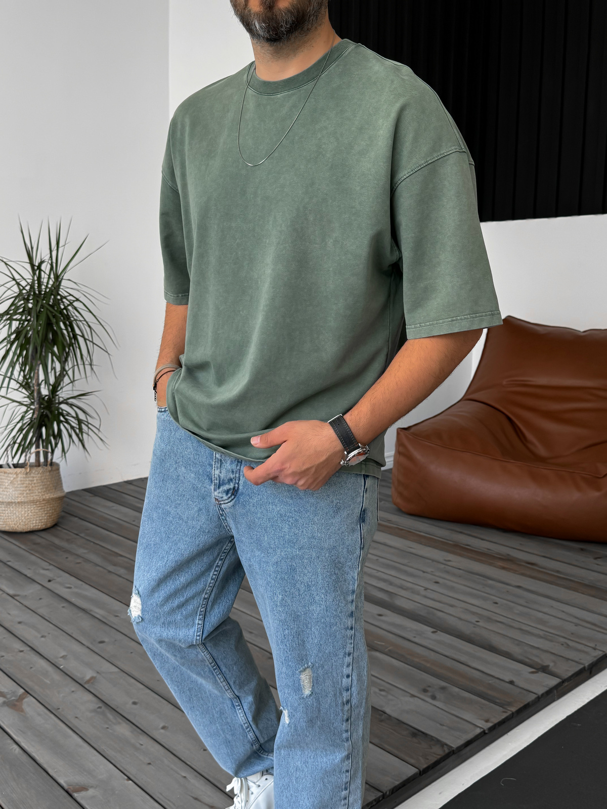 Yeşil Yıkamalı Oversize Basic Cotton T-Shirt DF-1219