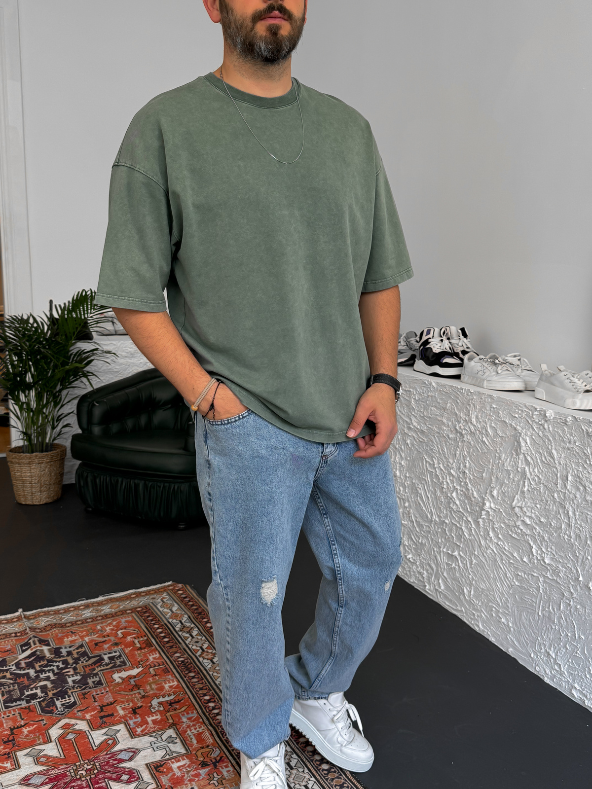 Yeşil Yıkamalı Oversize Basic Cotton T-Shirt DF-1219
