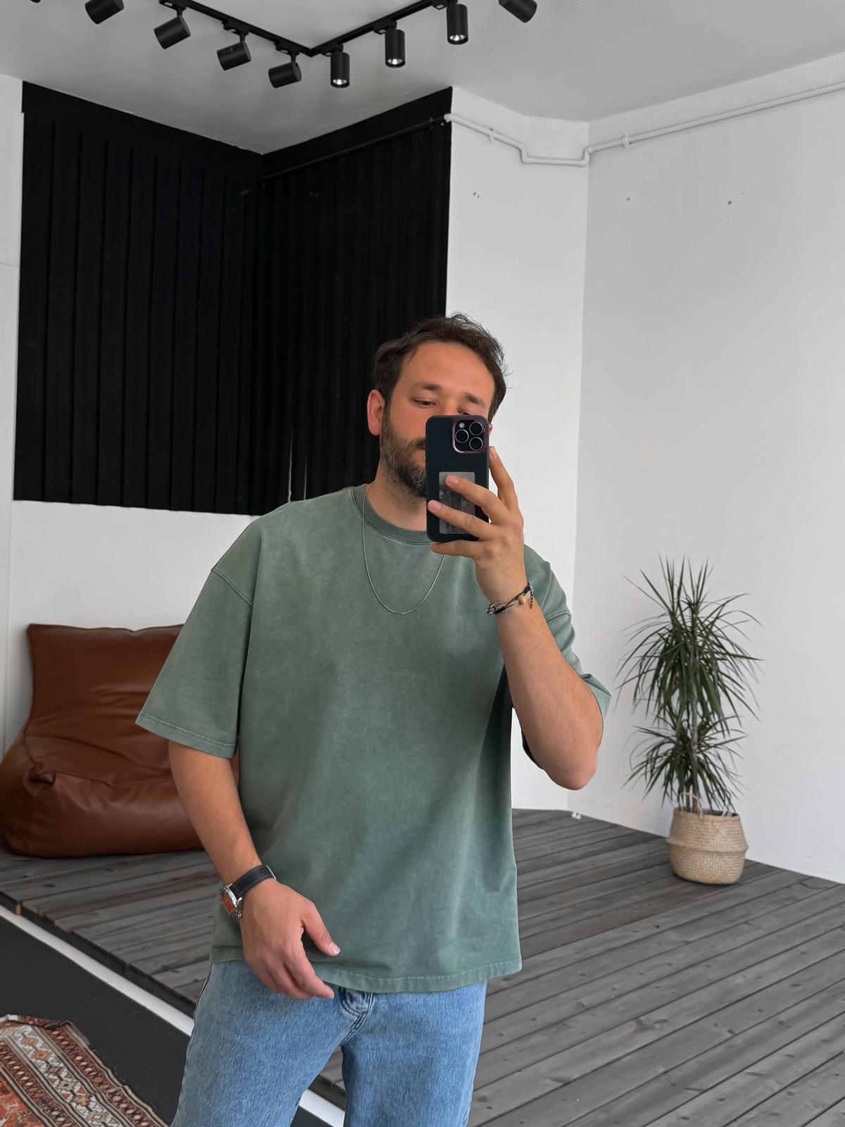 Yeşil Yıkamalı Oversize Basic Cotton T-Shirt DF-1219