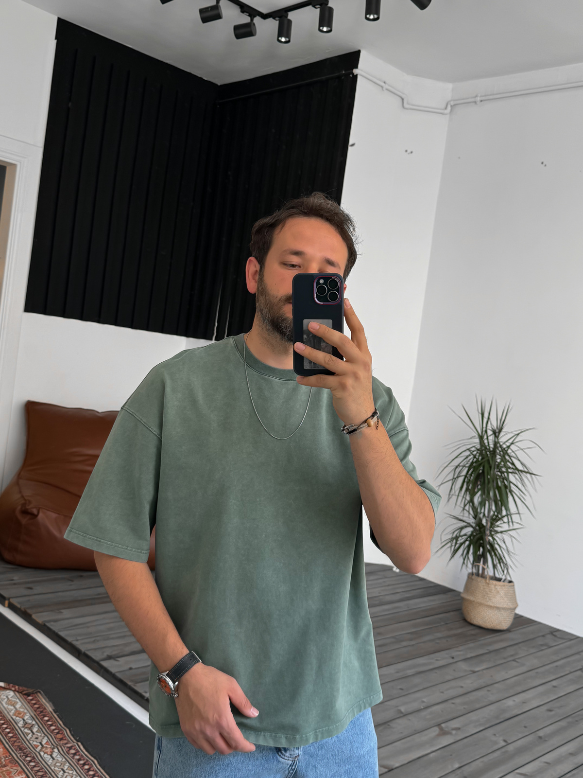 Yeşil Yıkamalı Oversize Basic Cotton T-Shirt DF-1219