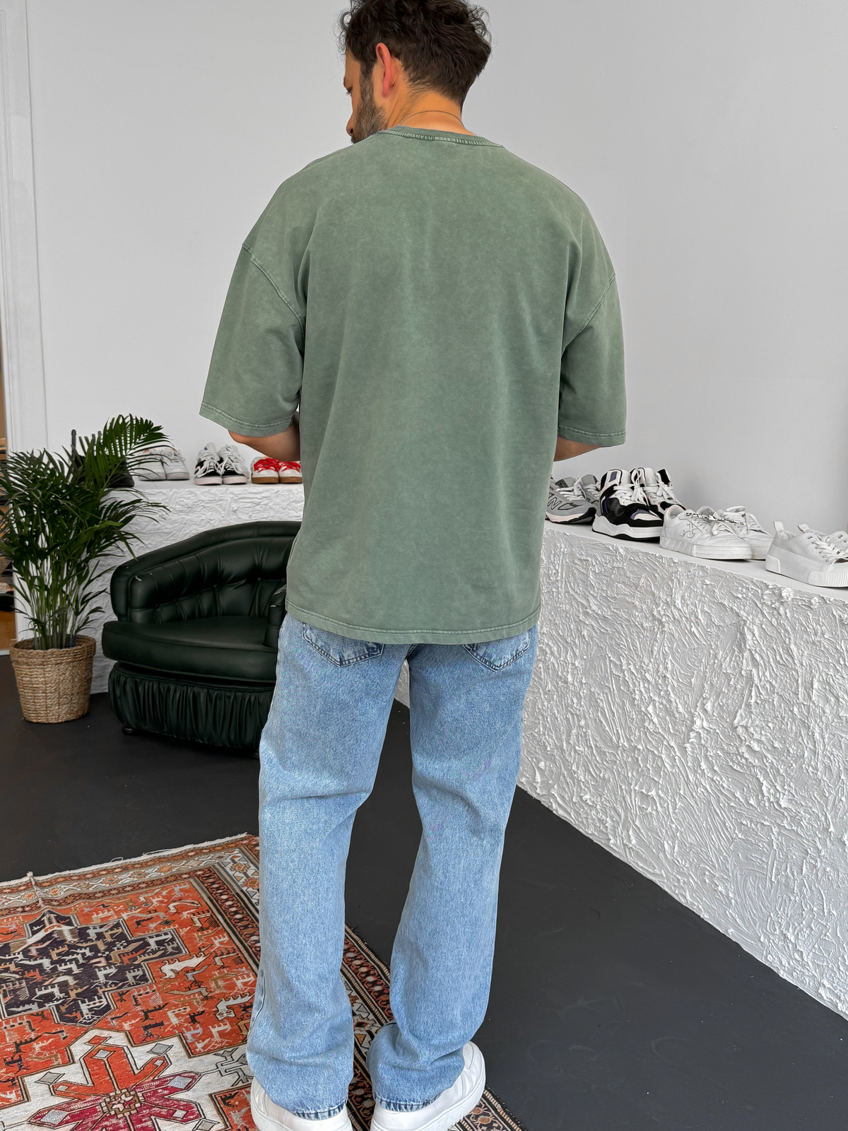 Yeşil Yıkamalı Oversize Basic Cotton T-Shirt DF-1219