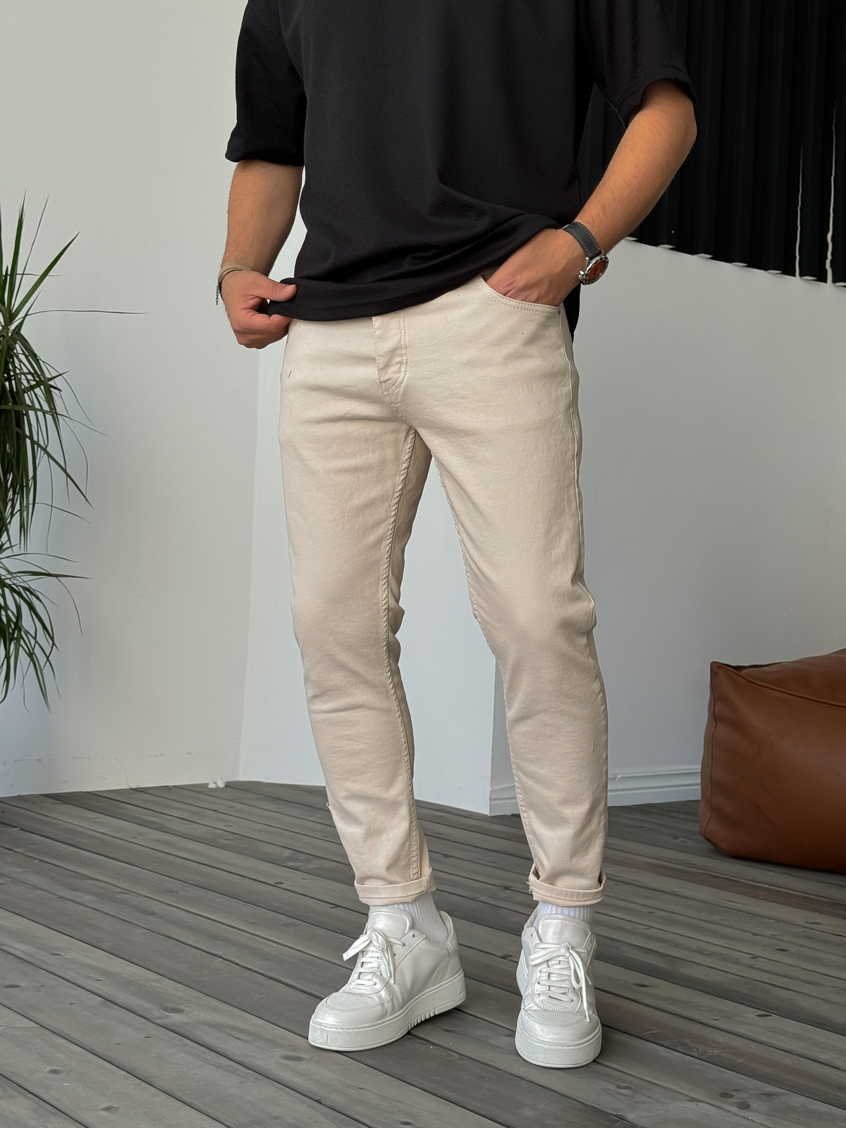 Bej Likralı Basic Slim Fit Jean KE-448