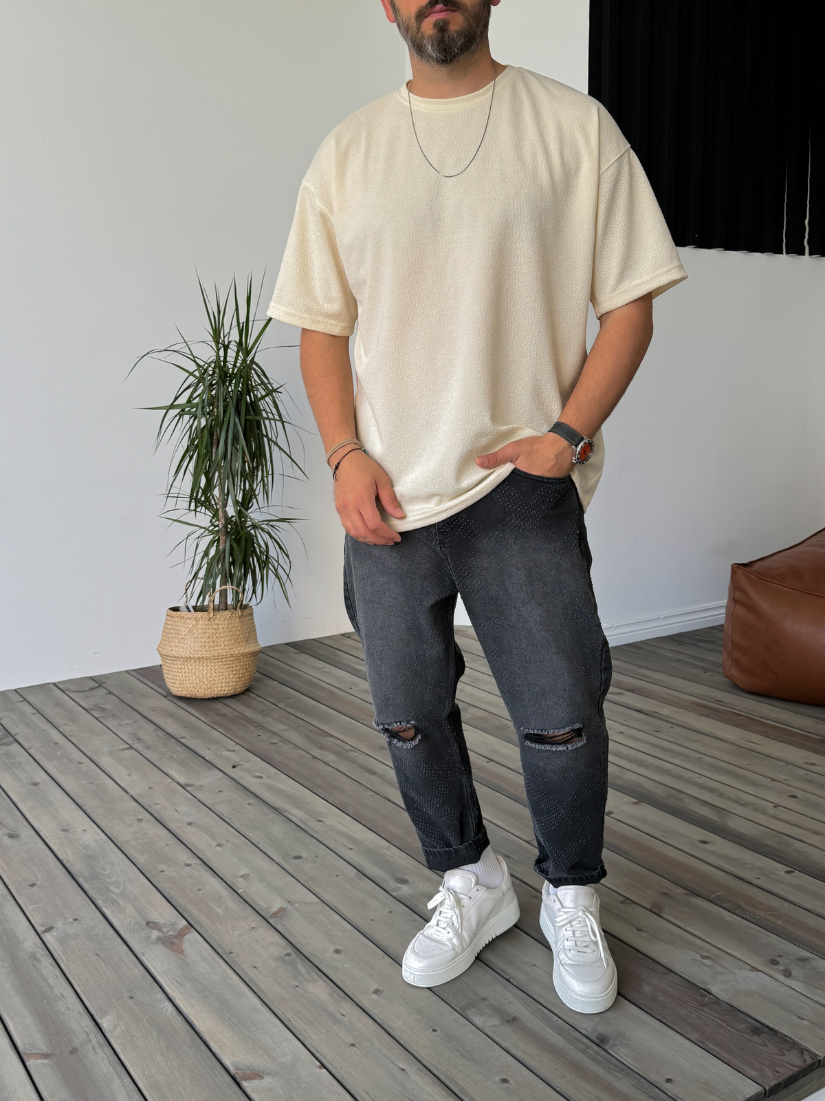Bej Dokulu Basic T-Shirt KE-5034