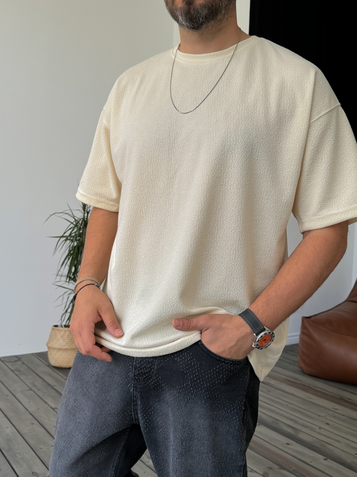 Bej Dokulu Basic T-Shirt KE-5034