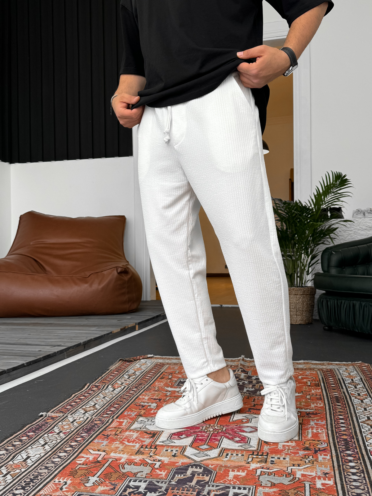 Beyaz Kabartmalı Boyfriend Pantolon KE-5051