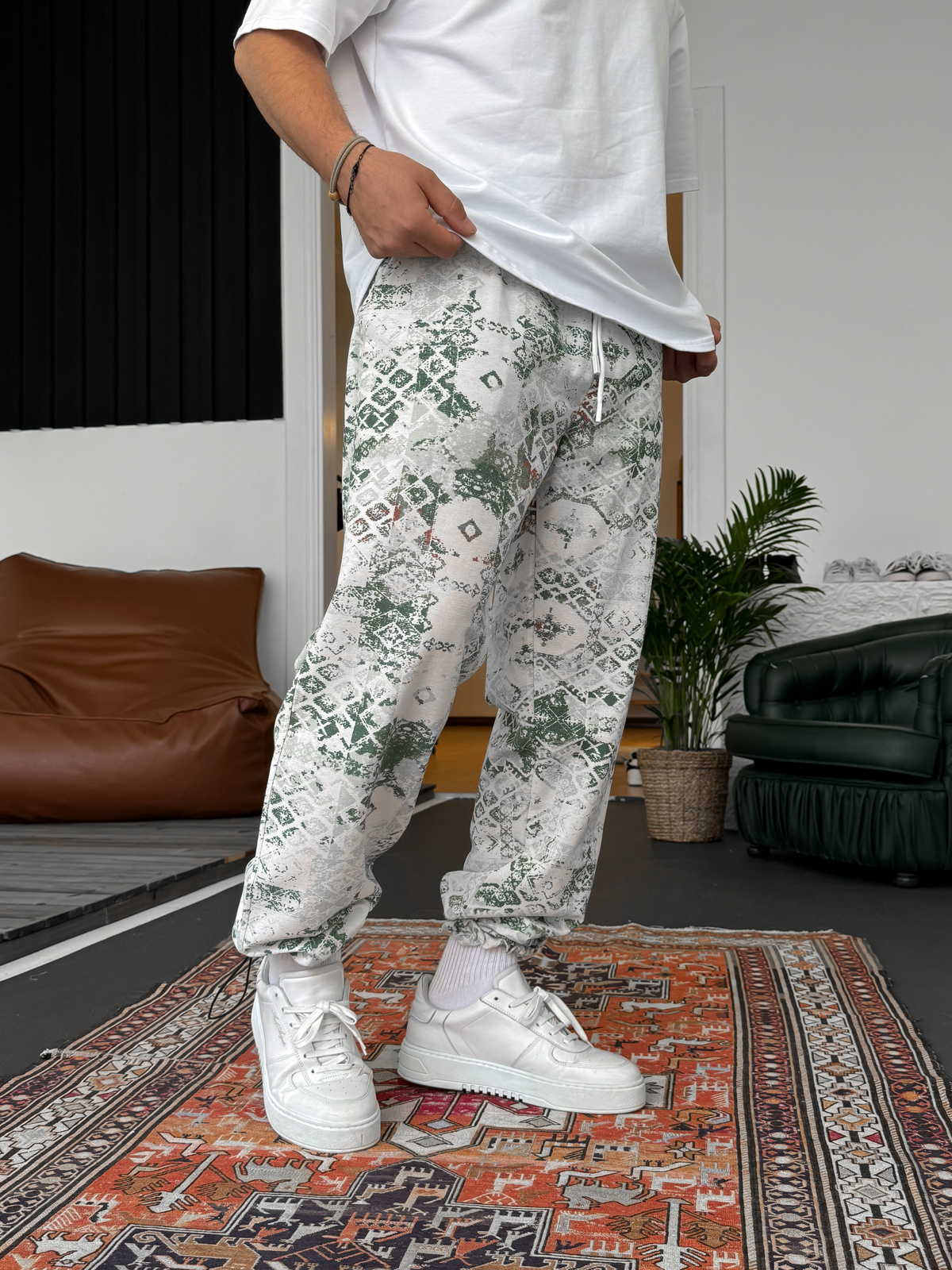 Yeşil Dijital Baskılı Stoper Keten Pantolon B-3033