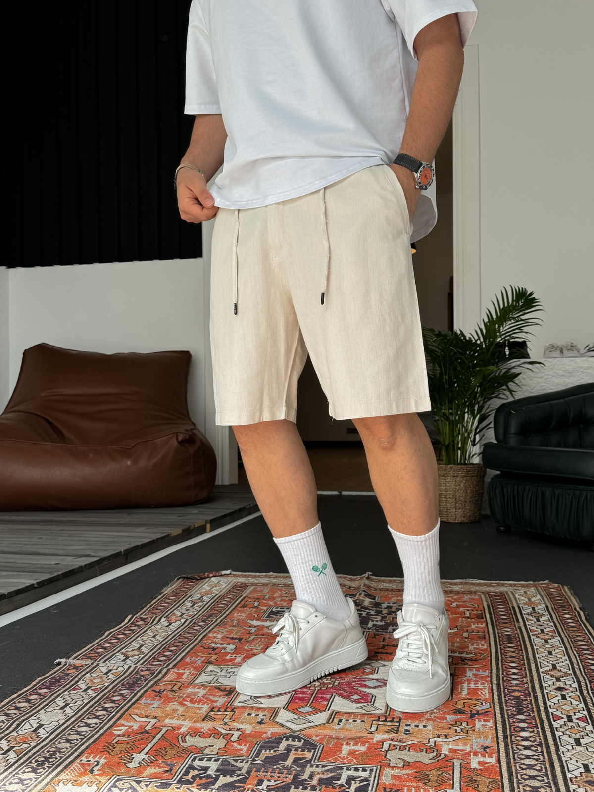 Ekru Premium Keten Şort G-4581