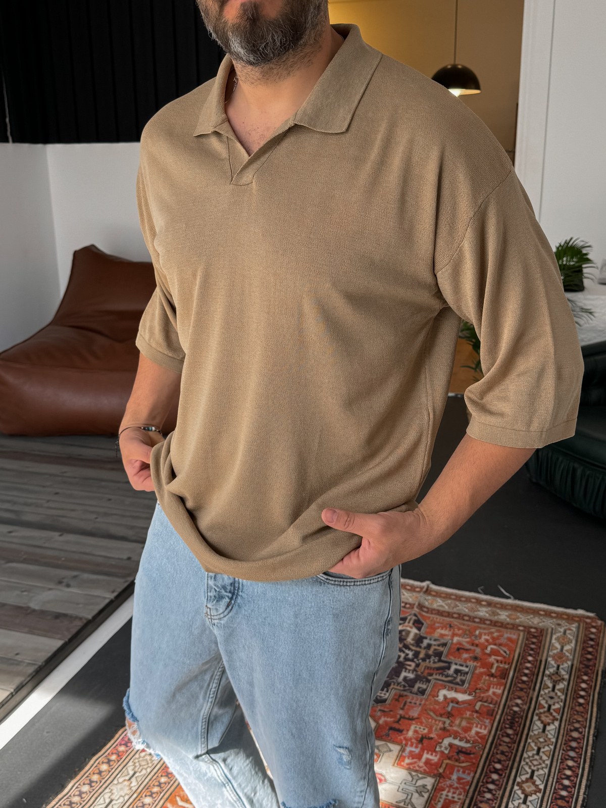 Açık Kahve Polo Yaka Basic Triko T-shirt JJ-337
