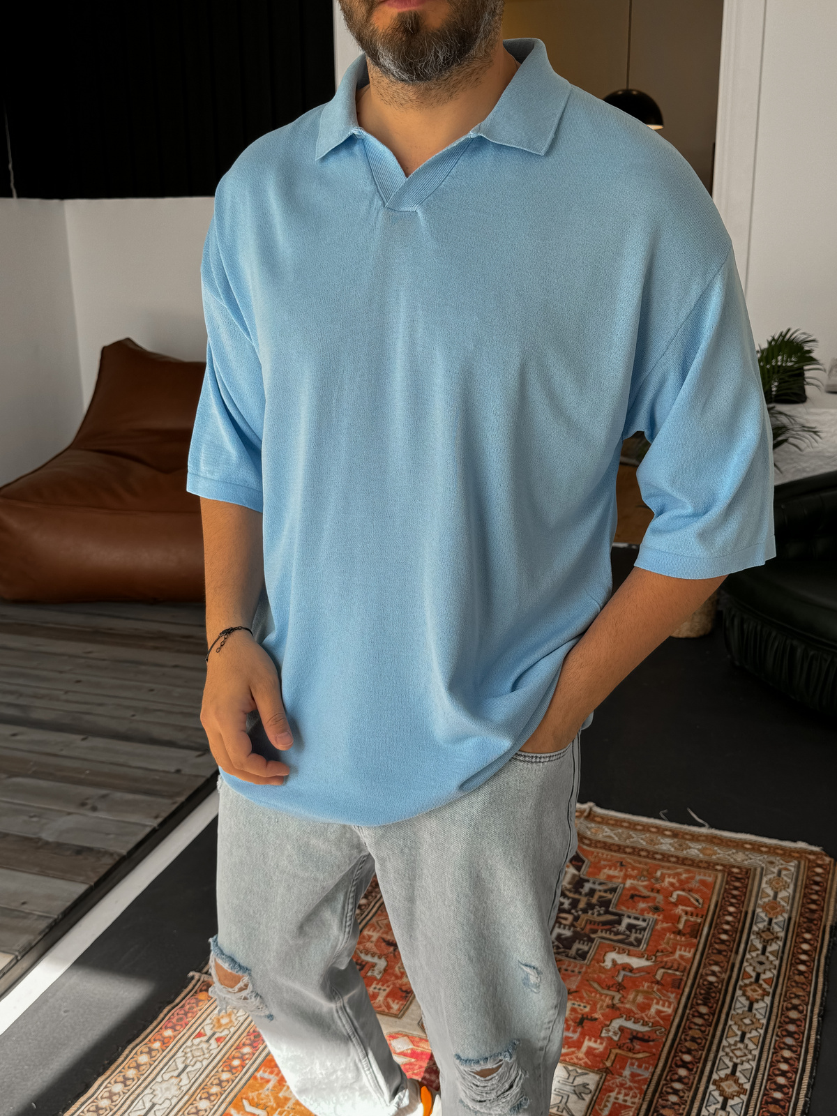 Açık Mavi Polo Yaka Basic Triko T-shirt JJ-337