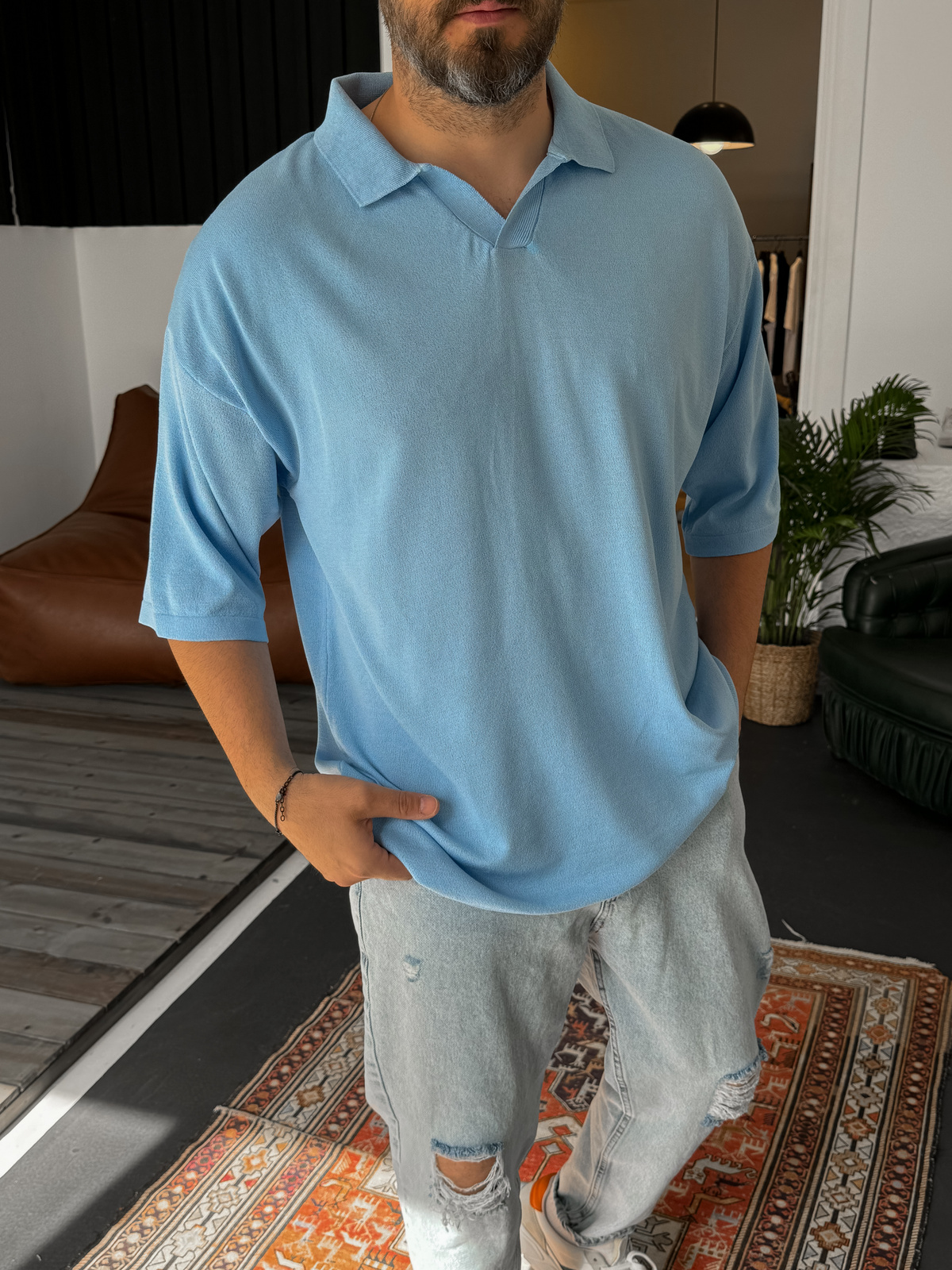 Açık Mavi Polo Yaka Basic Triko T-shirt JJ-337