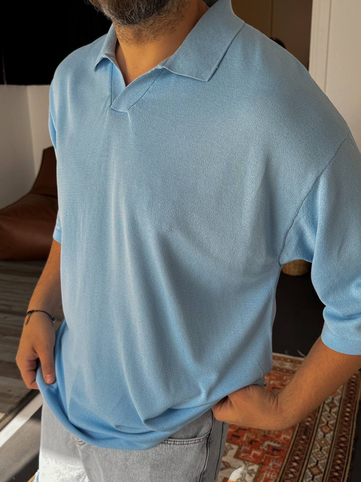 Açık Mavi Polo Yaka Basic Triko T-shirt JJ-337
