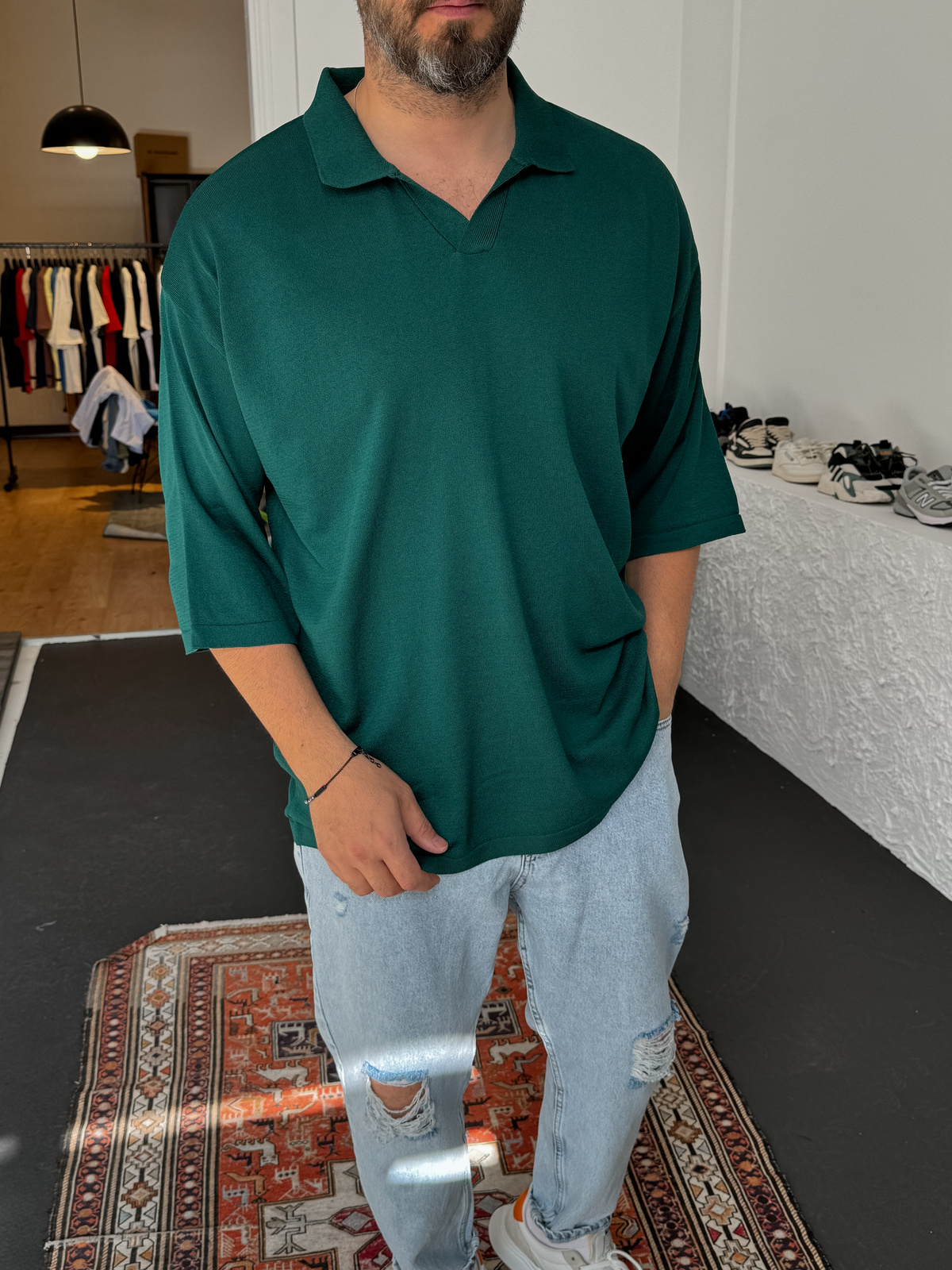 Koyu Yeşil Polo Yaka Basic Triko T-shirt JJ-337