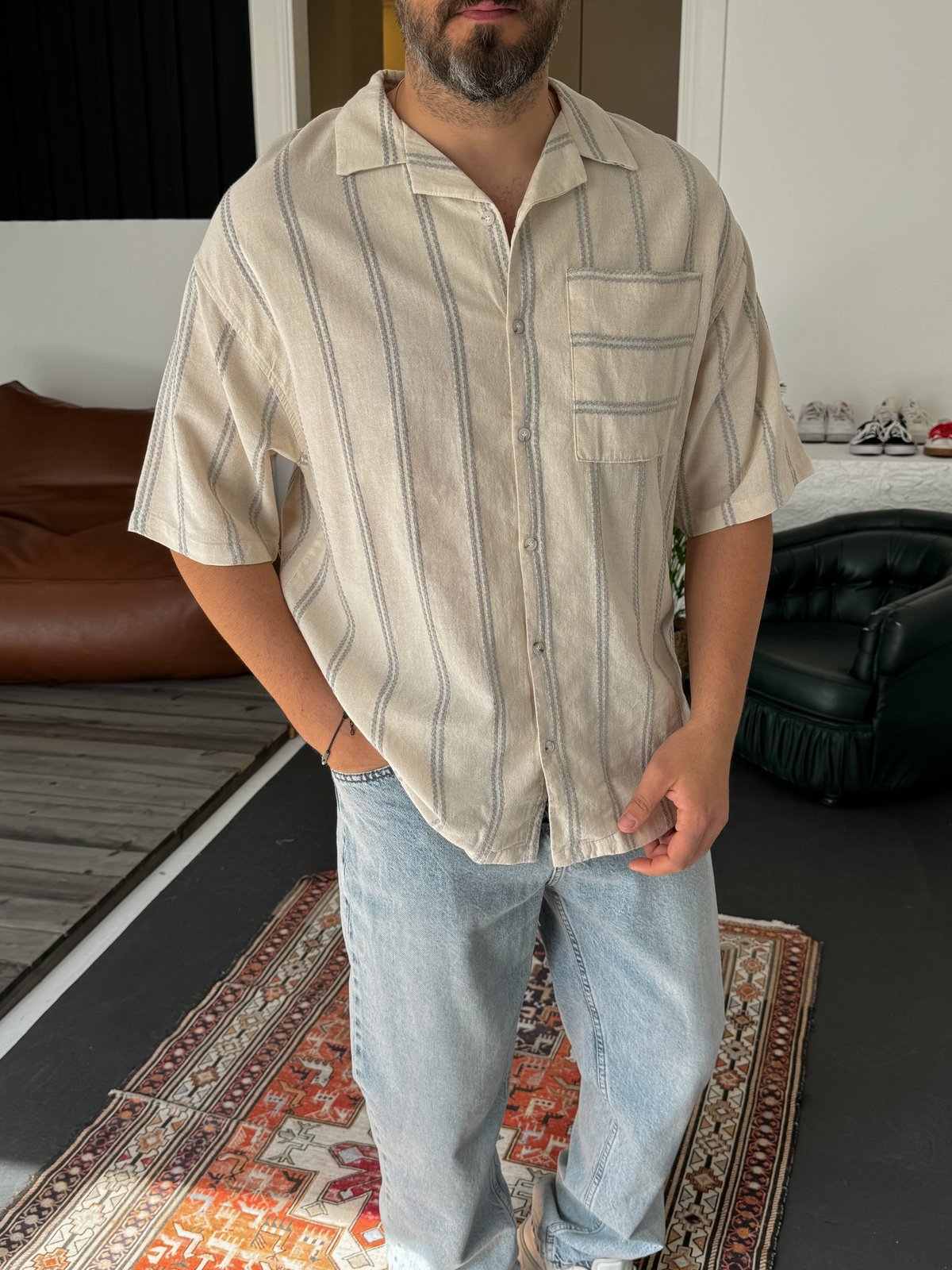 Gri Örgü Şeritli Keten Gömlek JJ-265