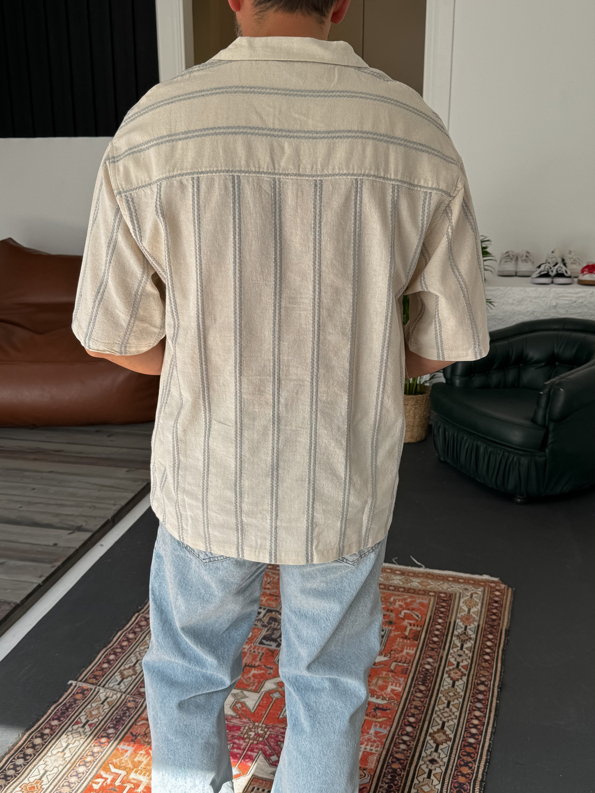 Gri Örgü Şeritli Keten Gömlek JJ-265