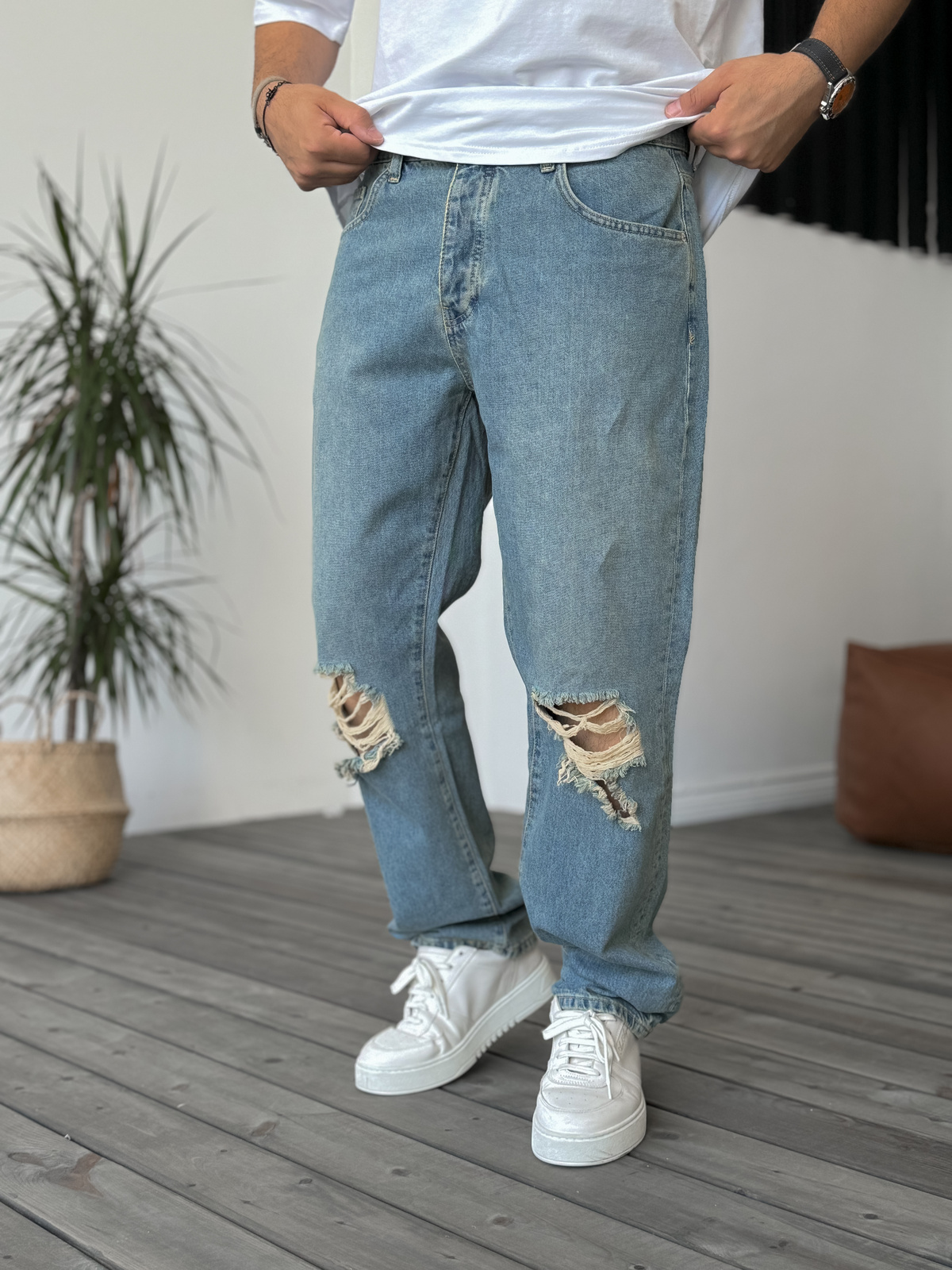 Açık Mavi Diz Yırtıklı Baggy Jean GJ-16261