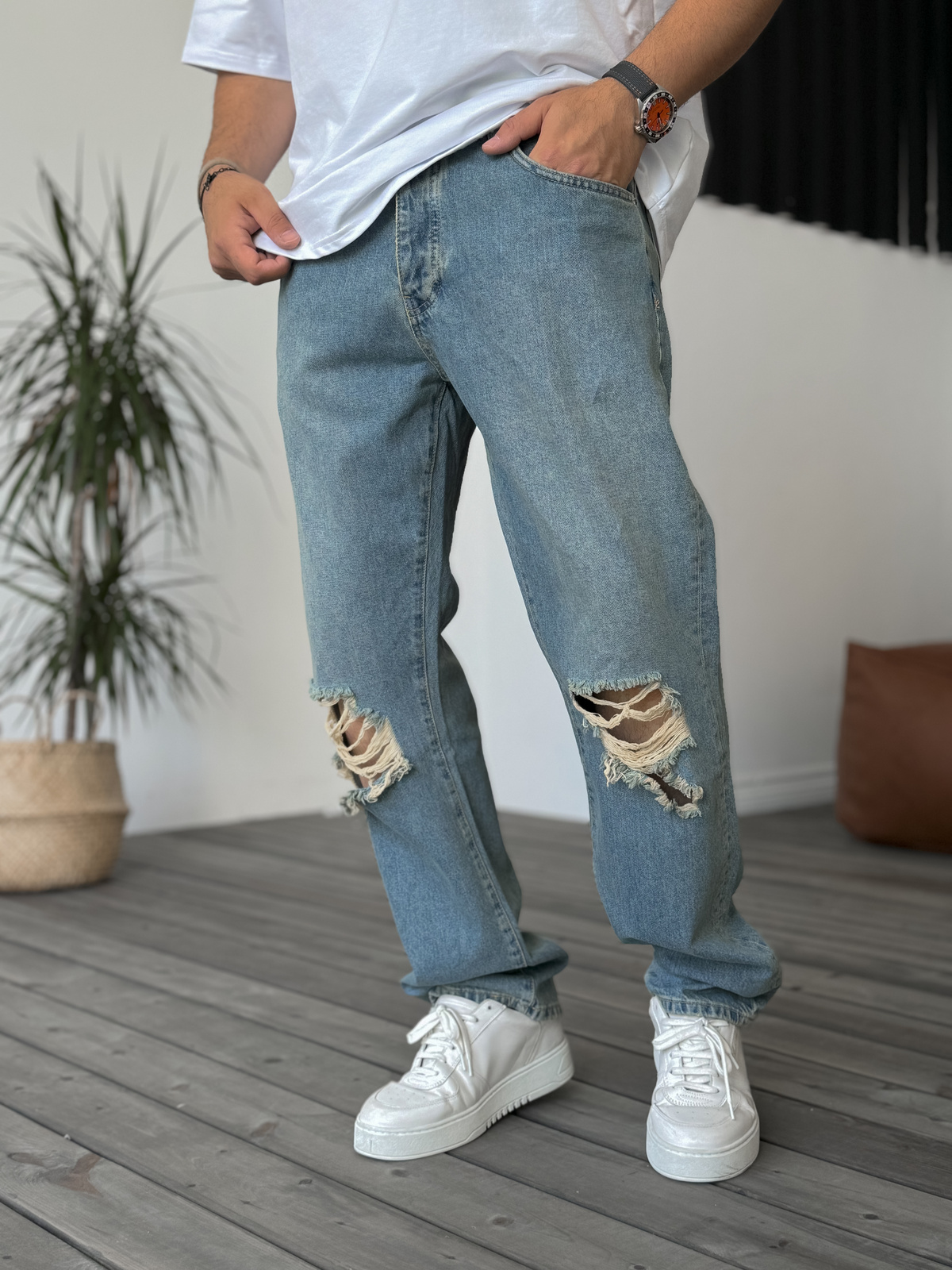 Açık Mavi Diz Yırtıklı Baggy Jean GJ-16261