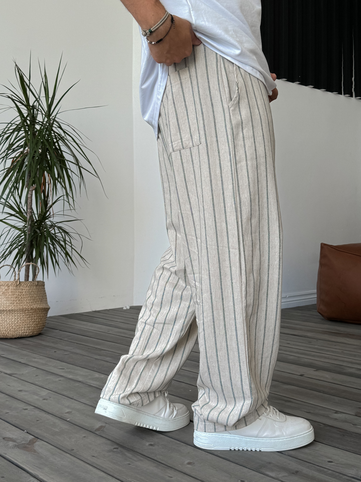 Koyu Yeşil Çizgili Hasır İp Detaylı Pantolon V-40-895