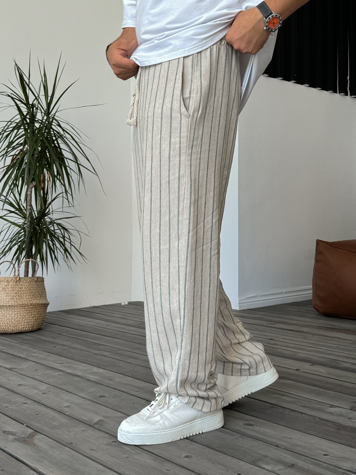 Koyu Yeşil Çizgili Hasır İp Detaylı Pantolon V-40-895