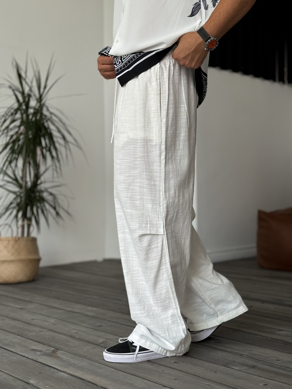 Beyaz Baggy Keten Pantolon C-6327