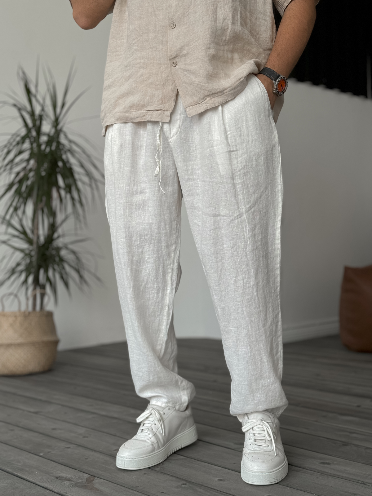 Beyaz Pile Detaylı Keten Pantolon C-6370/6375