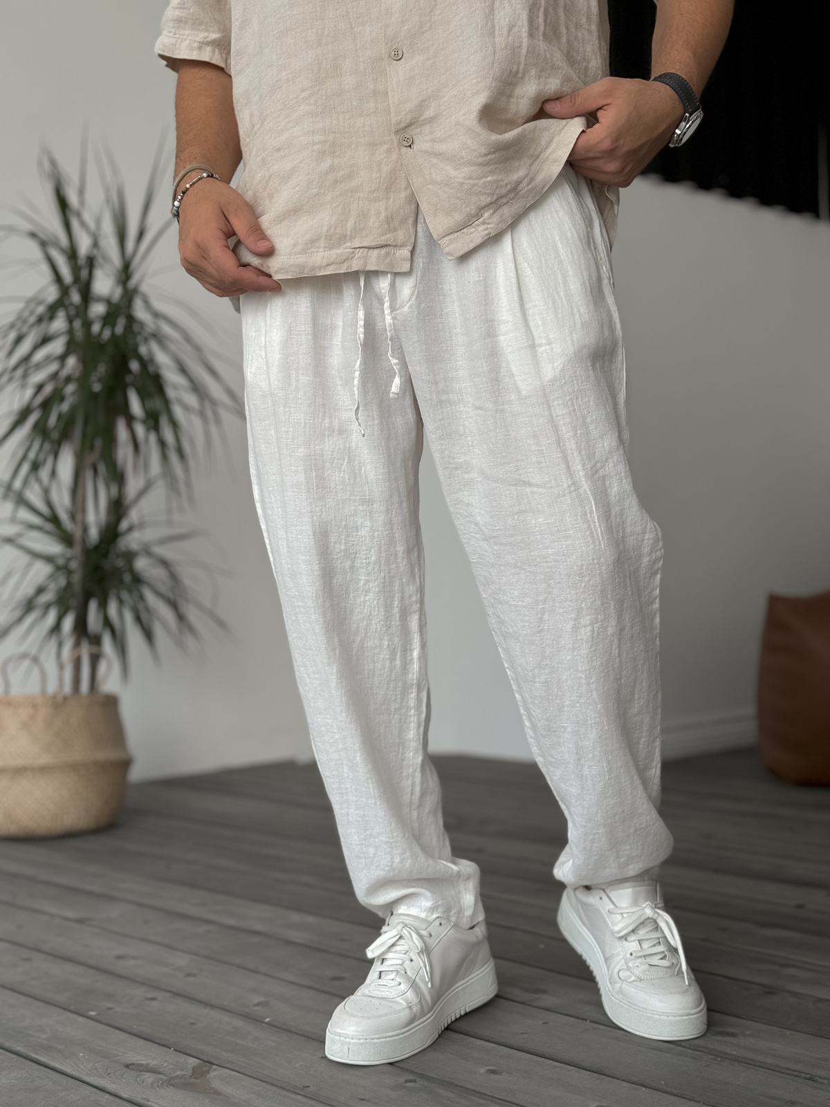 Beyaz Pile Detaylı Keten Pantolon C-6370/6375