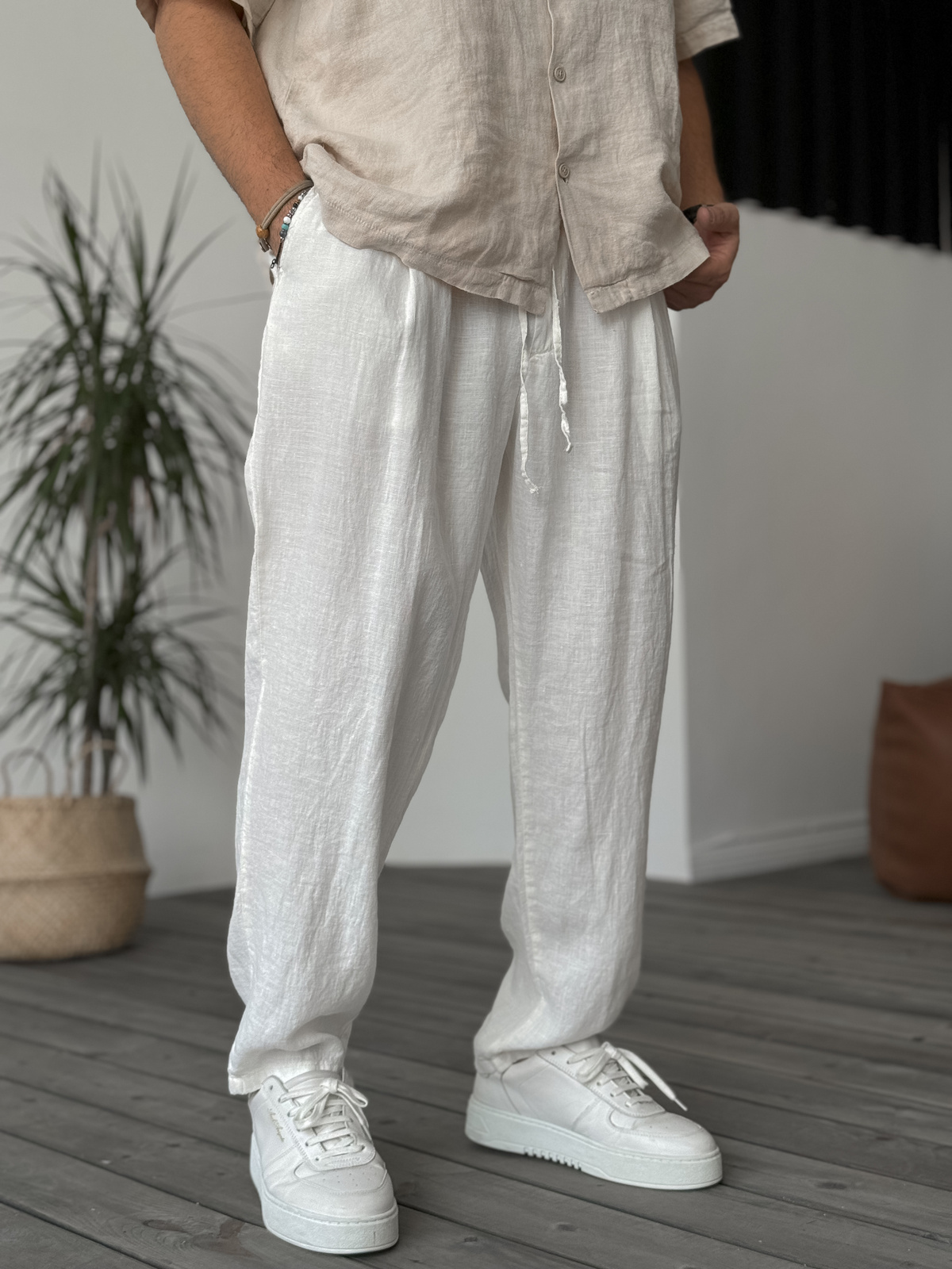 Beyaz Pile Detaylı Keten Pantolon C-6370/6375