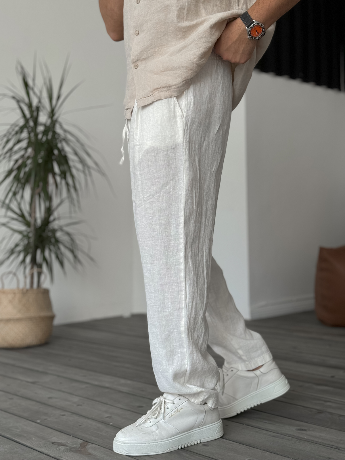 Beyaz Pile Detaylı Keten Pantolon C-6370/6375