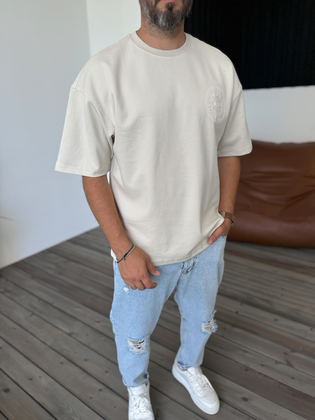 Bej Circle Kabartmalı T-Shirt KE-3003