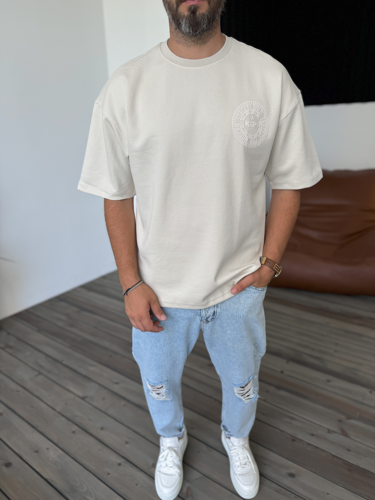 Bej Circle Kabartmalı T-Shirt KE-3003