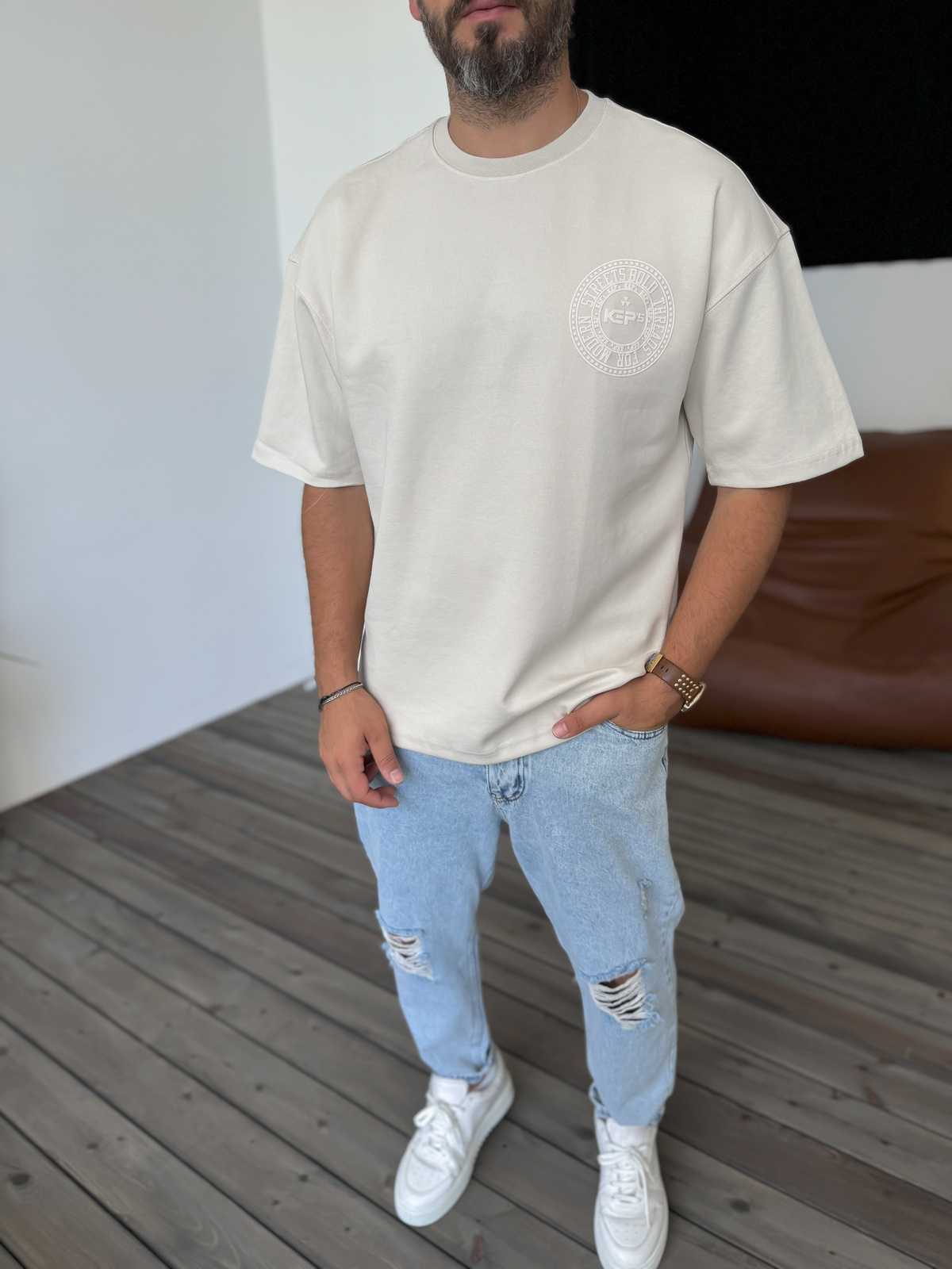Bej Circle Kabartmalı T-Shirt KE-3003
