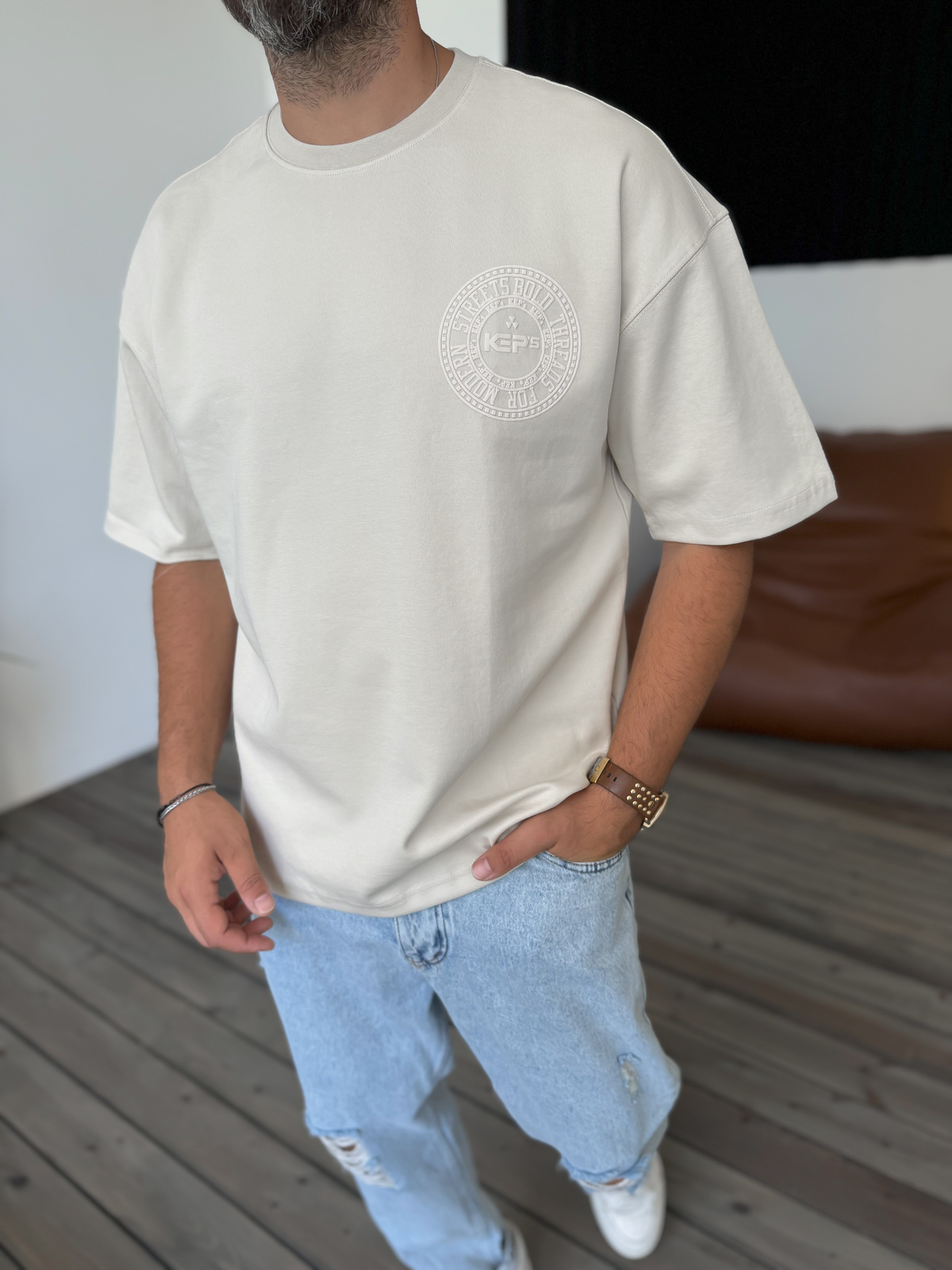 Bej Circle Kabartmalı T-Shirt KE-3003
