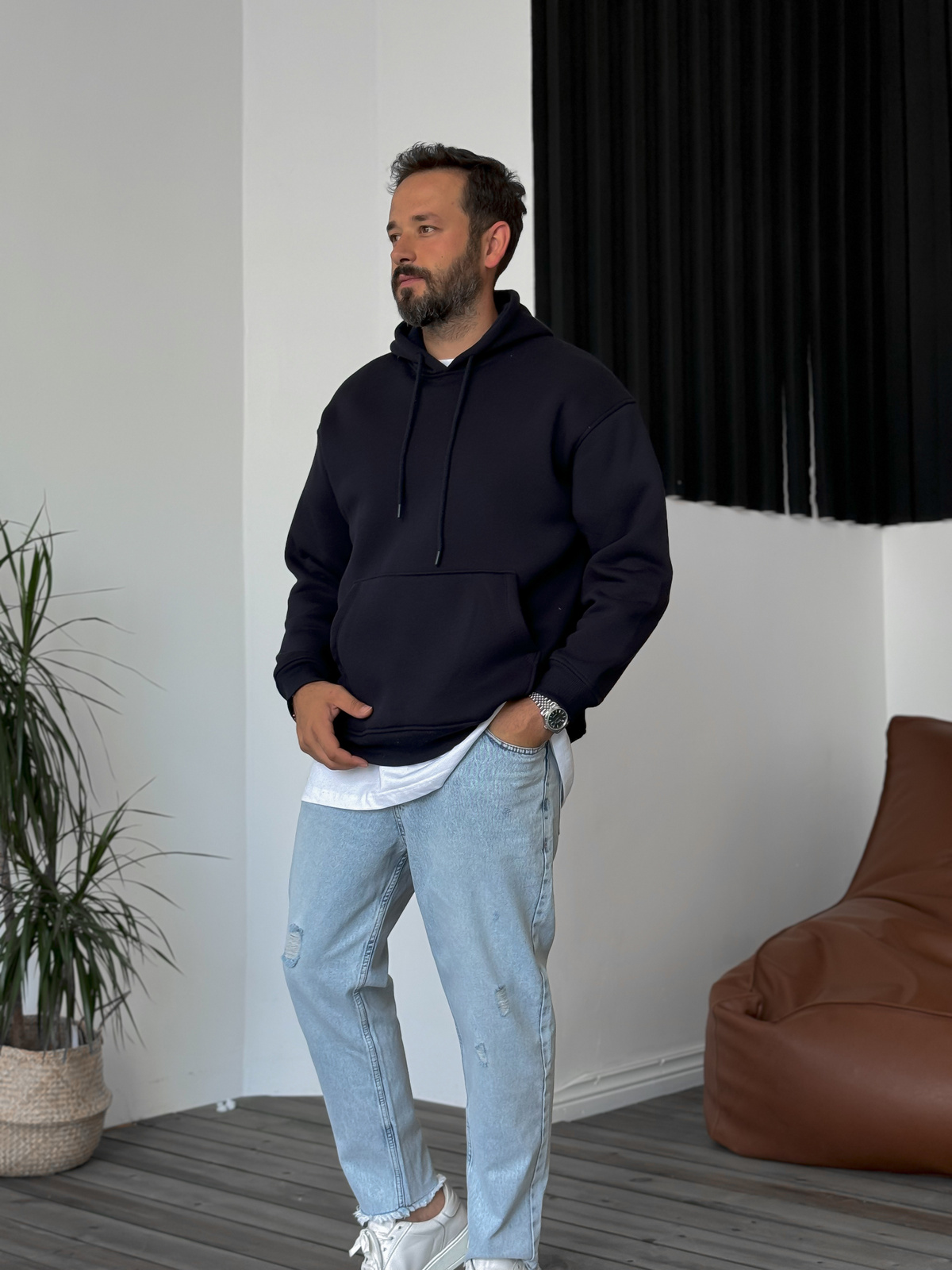 Lacivert Basic Kapüşonlu Sweatshirt BY-057