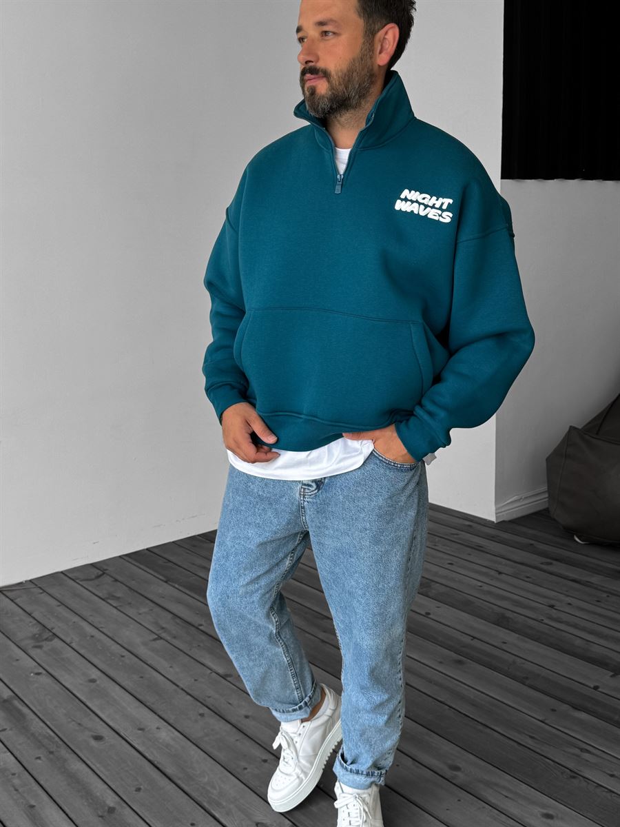 YA−MAN STA-209L BLUE Petrol Mavisi Yarım Fermuarlı Night Waves Sweatshirt JJ-209