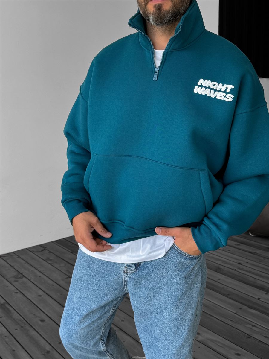 Petrol Mavisi Yarım Fermuarlı Night Waves Sweatshirt JJ-209