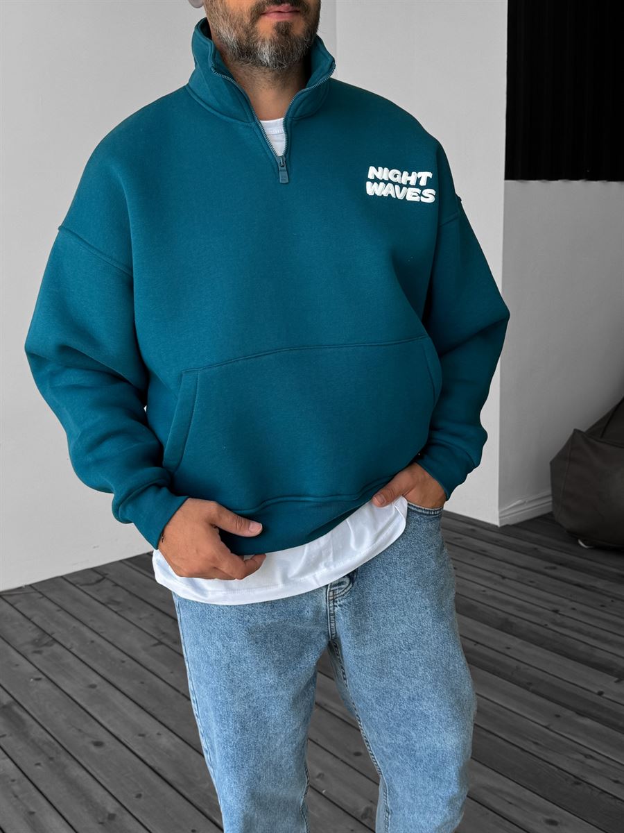 Petrol Mavisi Yarım Fermuarlı Night Waves Sweatshirt JJ-209