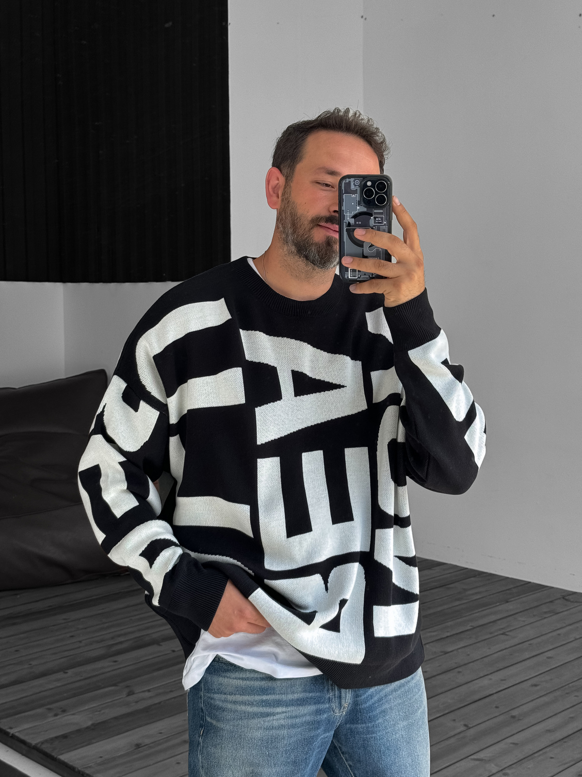 Siyah Letter İşlemeli Örme Sweatshirt JJ-103